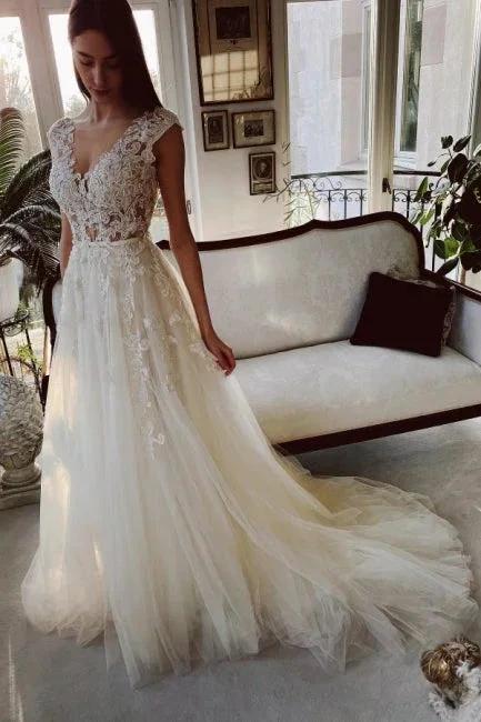 Charming Ivory A-Line Floor Length V-Neck Garden Lace Wedding Dress