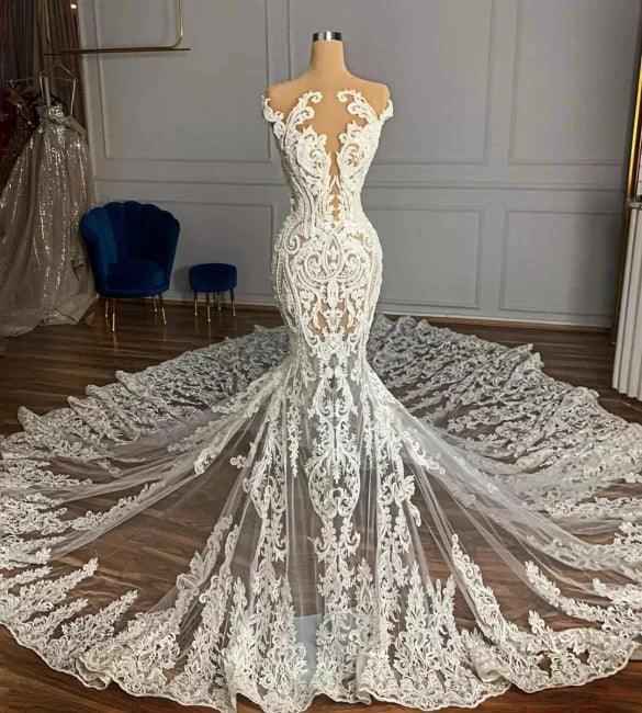 Charming Jewel Garden Sleeveless Mermaid Tulle Wedding Dress with Appliques
