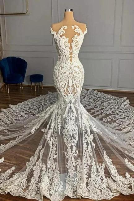 Charming Jewel Garden Sleeveless Mermaid Tulle Wedding Dress with Appliques