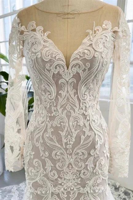 Charming Jewel Long Sleeves Chapel Mermaid Wedding Dress