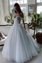 Charming Long A-line Off-the-shoulder Tulle Wedding Dress with Glitter