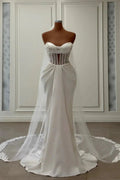 Charming Long Ivory Mermaid Sleeveless Satin Wedding Dress With Pearls