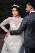 Charming Long Sleeves Mermaid High Neck Satin Lace Wedding Dress with Chapel Train