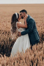 Charming Long White A-line Tulle Sleeveless Wedding Dress with Lace