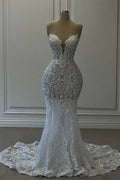 Charming Long White Sweetheart Mermaid Lace Sleeveless Wedding Dress