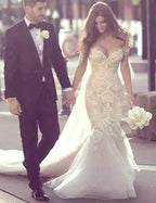 Charming Mermaid Style Off-the-Shoulder Sweep Train Lace Elegant Wedding Dresses