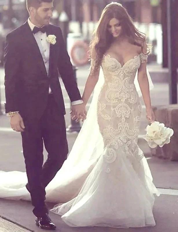 Charming Mermaid Style Off-the-Shoulder Sweep Train Lace Elegant Wedding Dresses