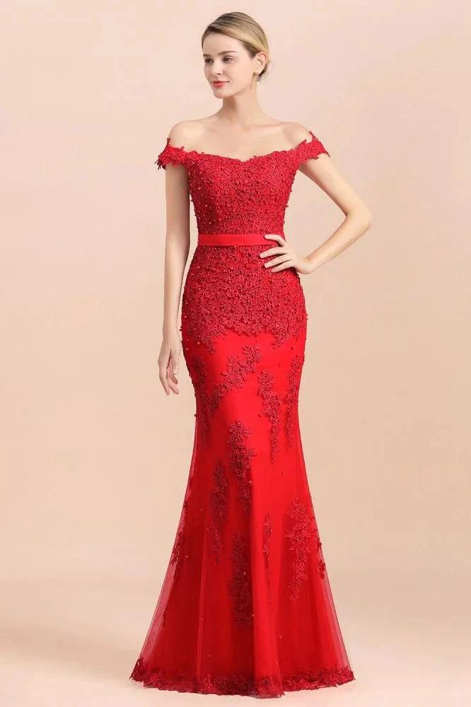 Charming Off-the-Shoulder Lace Appliques Red Mermaid Bridemaid Dres Slim Evening Gown