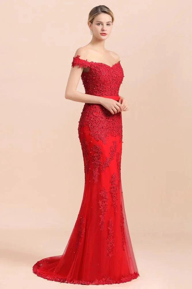 Charming Off-the-Shoulder Lace Appliques Red Mermaid Bridemaid Dres Slim Evening Gown