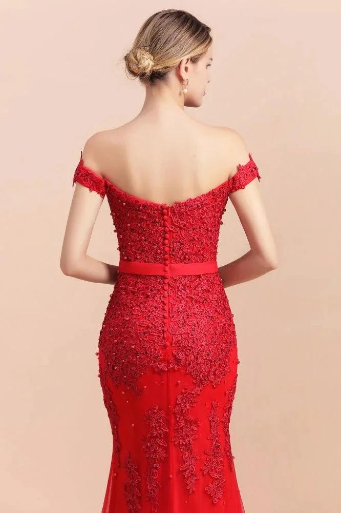 Charming Off-the-Shoulder Lace Appliques Red Mermaid Bridemaid Dres Slim Evening Gown