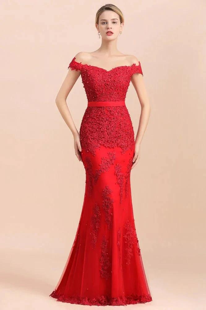 Charming Off-the-Shoulder Lace Appliques Red Mermaid Bridemaid Dres Slim Evening Gown