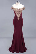 Charming Off-The-Shoulder Mermaid Gold Appliques Prom Dress Slim Floor-Length Evening Gown