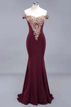 Charming Off-The-Shoulder Mermaid Gold Appliques Prom Dress Slim Floor-Length Evening Gown