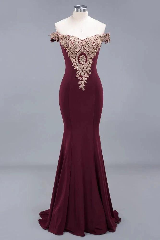Charming Off-The-Shoulder Mermaid Gold Appliques Prom Dress Slim Floor-Length Evening Gown