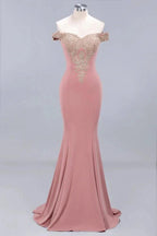 Charming Off-The-Shoulder Mermaid Gold Appliques Prom Dress Slim Floor-Length Evening Gown