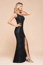 Charming One Shoulder Glitter Sequins Evening Prom Dress Side Split Party Gown