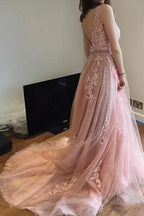 Charming Pink Lace Tulle  Open Back  Little Train Wedding Dresses WD198
