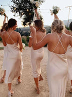 Charming Spaghetti Straps Champagne Silk Satin Bridesmaid Dresses BD079
