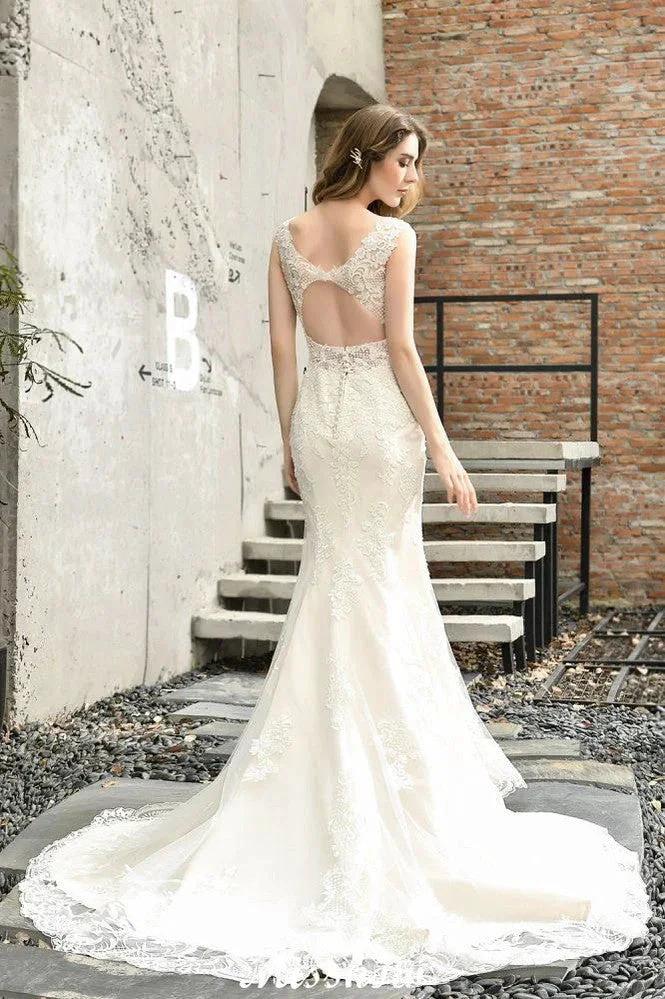 Charming V-Neck Floral Lace Mermaid Bridal Gown Sleeveless Sain Dress For Bride