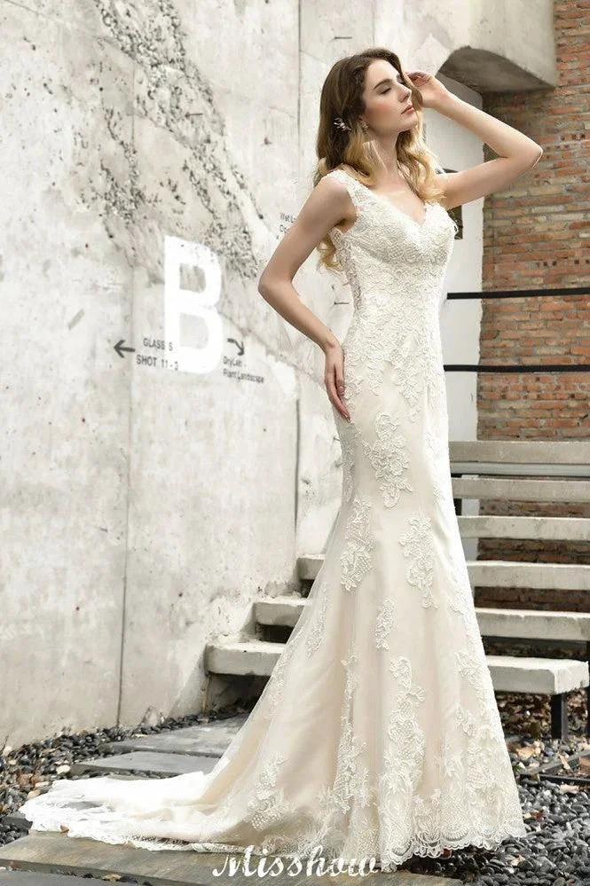 Charming V-Neck Floral Lace Mermaid Bridal Gown Sleeveless Sain Dress For Bride