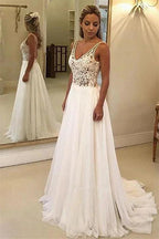 Charming V-Neck Sleeveless Appliques A-Line Floor-Length Wedding Dresses