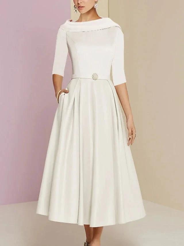 A-Line/Princess Jewel Neck Half Sleeve Tea Length Mother of the Bride Dresses with Pockets Pleats
