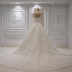 Chic Ivory Long A-line Jewel Tulle Appliques Lace Wedding Dresses