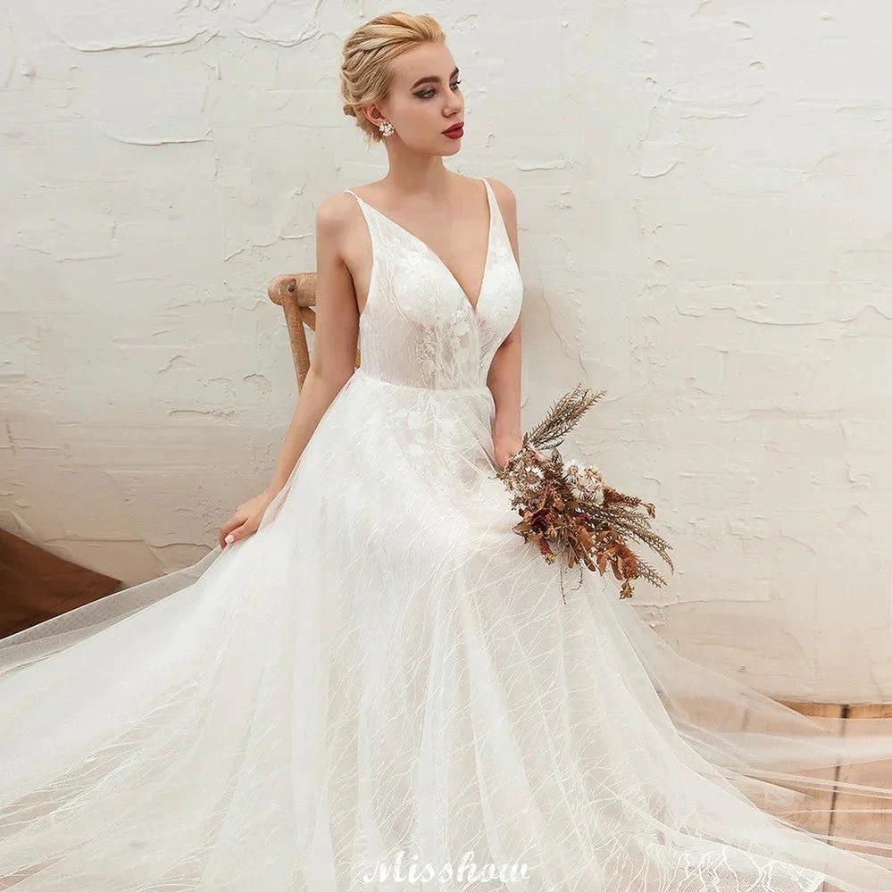 Chic Deep V-Neck White Tulle Princess Open Back Wedding Dress with Court Train