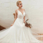 Chic Deep V-Neck White Tulle Princess Open Back Wedding Dress with Court Train