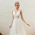 Chic Deep V-Neck White Tulle Princess Open Back Wedding Dress with Court Train