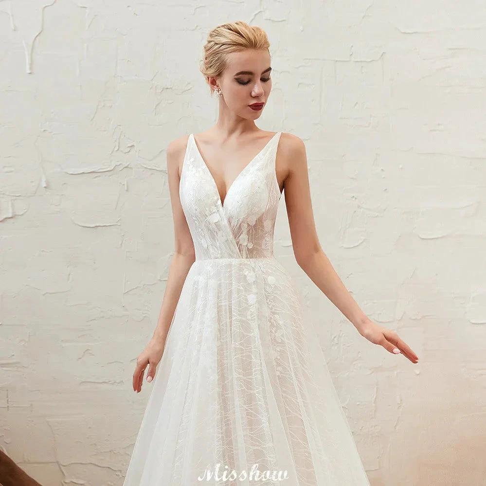 Chic Deep V-Neck White Tulle Princess Open Back Wedding Dress with Court Train