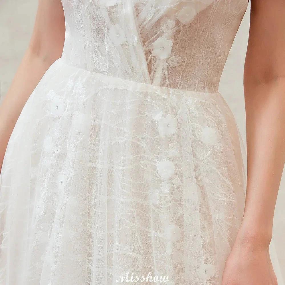 Chic Deep V-Neck White Tulle Princess Open Back Wedding Dress with Court Train