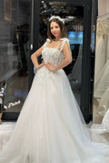 Chic Floor Length Sweetheart Sleeveless A-Line Tulle Wedding Dress with Appliques