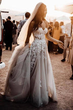Chic Long A-line Sweetheart Lace Tulle 3D Floral Wedding Dress
