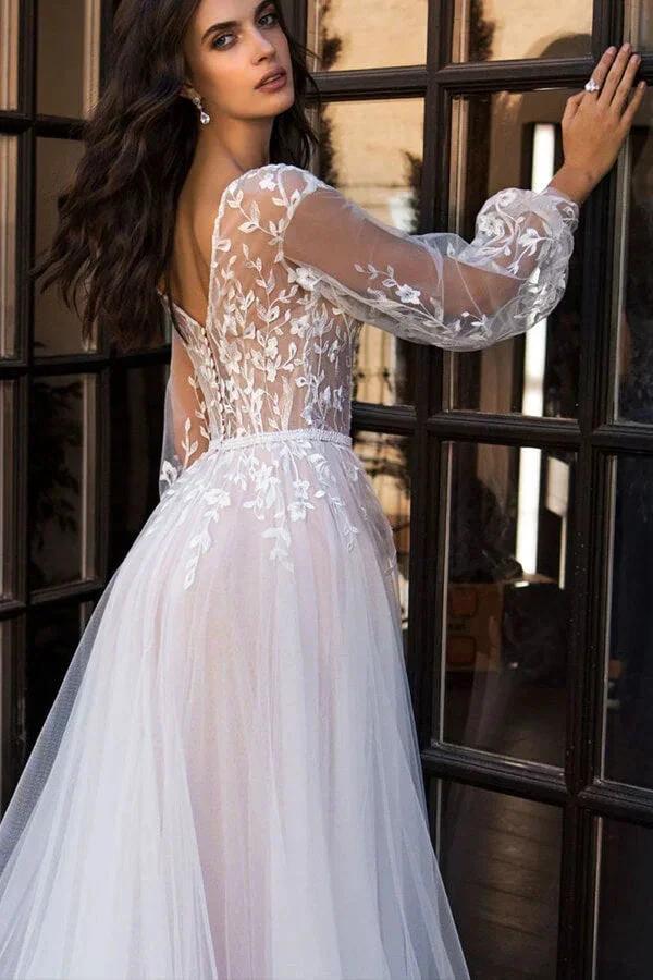 Chic Long A-line V-neck Tulle Lace Chapel Train Wedding Dress with Sleeves