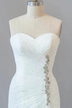 Chic Long Sheath Strapless Ruffle Lace Wedding Dress