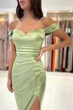 Sage Short Mermaid Off the Shoulder Satin Prom Dresses with Slit