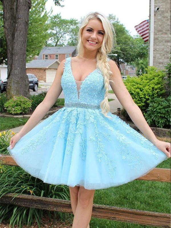 Short A-Line Tulle Open Back Lace Homecoming Dress