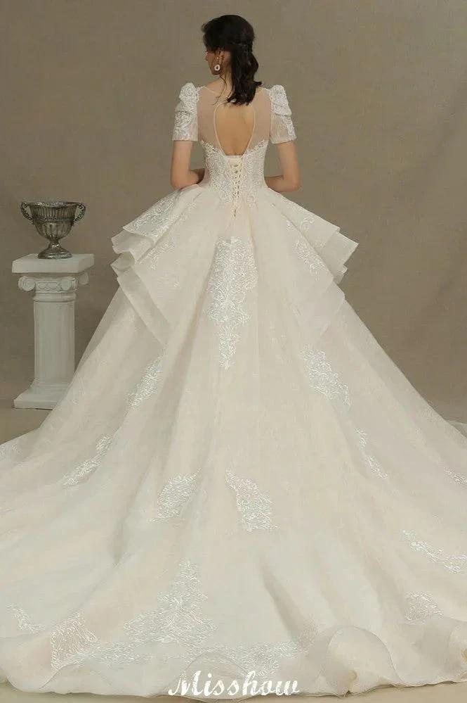 Chic Short Sleeves Tulle Lace Appliques Bridal Gown Spring Garden Wedding Dress