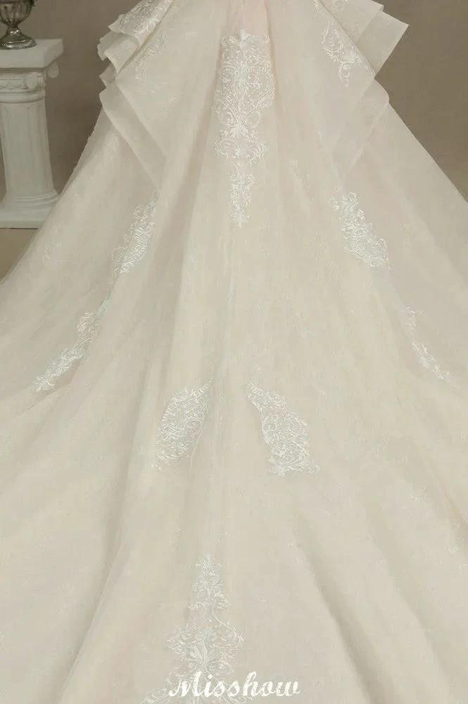 Chic Short Sleeves Tulle Lace Appliques Bridal Gown Spring Garden Wedding Dress