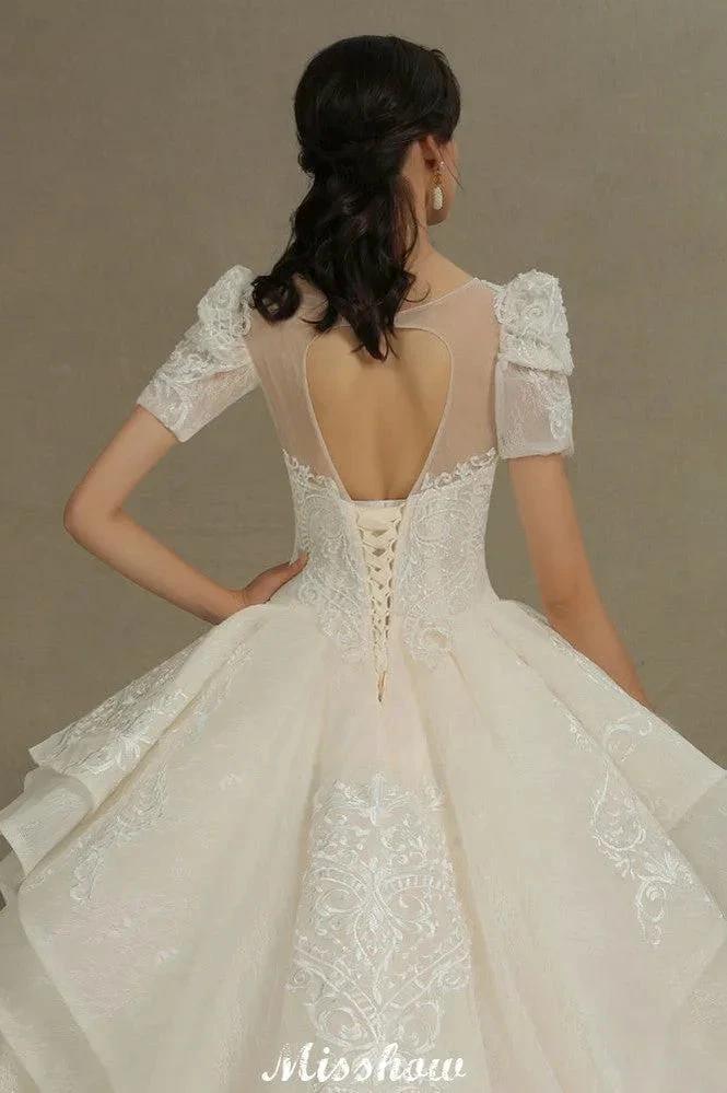 Chic Short Sleeves Tulle Lace Appliques Bridal Gown Spring Garden Wedding Dress