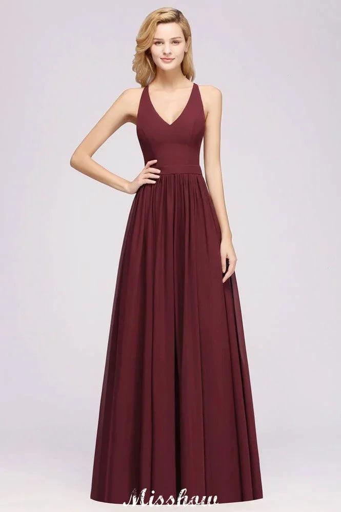Chiffon Lace A-line Bridesmaid Dresses | V-Neck Sleeveless Floor Length Maid of the Honor Dresses