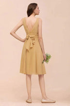 Chiffon Mini Golden Bridesmaid Dress Daily Casual Dress Sleeveless V-neck