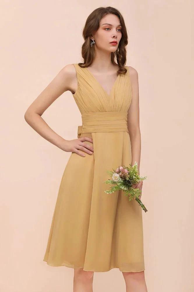 Chiffon Mini Golden Bridesmaid Dress Daily Casual Dress Sleeveless V-neck