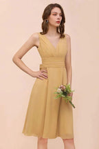 Chiffon Mini Golden Bridesmaid Dress Daily Casual Dress Sleeveless V-neck