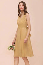 Chiffon Mini Golden Bridesmaid Dress Daily Casual Dress Sleeveless V-neck