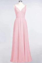 Chiffon V-Neck Straps Sleeveless Ruffles Floor-Length Bridesmaid Dress with Open Back