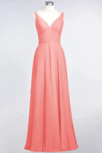 Chiffon V-Neck Straps Sleeveless Ruffles Floor-Length Bridesmaid Dress with Open Back