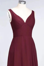 Chiffon V-Neck Straps Sleeveless Ruffles Floor-Length Bridesmaid Dress with Open Back