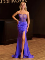 Arana| Fuchsia Mermaid Strapless Satin Long Prom Dresses With Beading